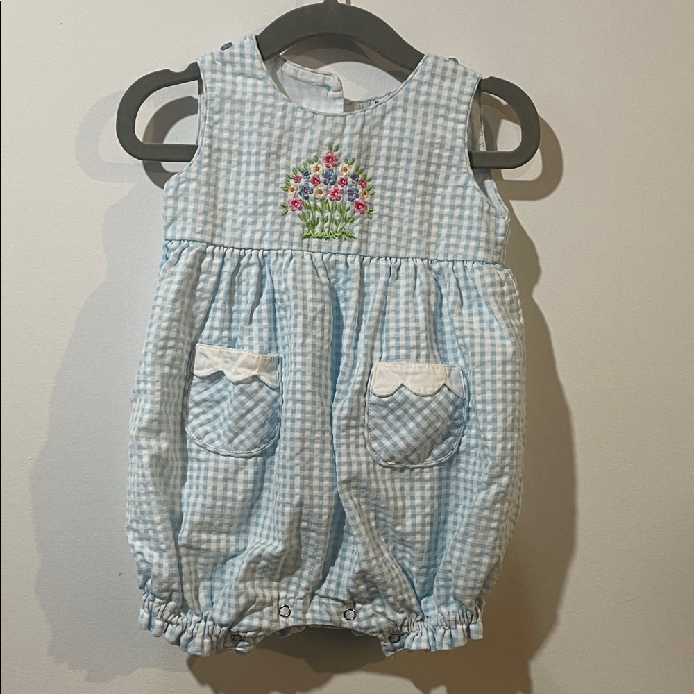Cotton Kids Blue Gingham Baby Easter Romper with Floral Embroidery - 9 Months